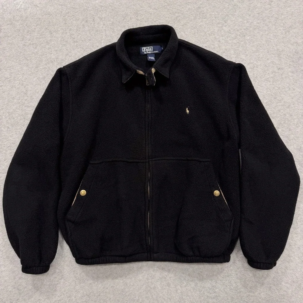 Vintage Polo Ralph Lauren Jacket Mens L Black Fleece Full Zip